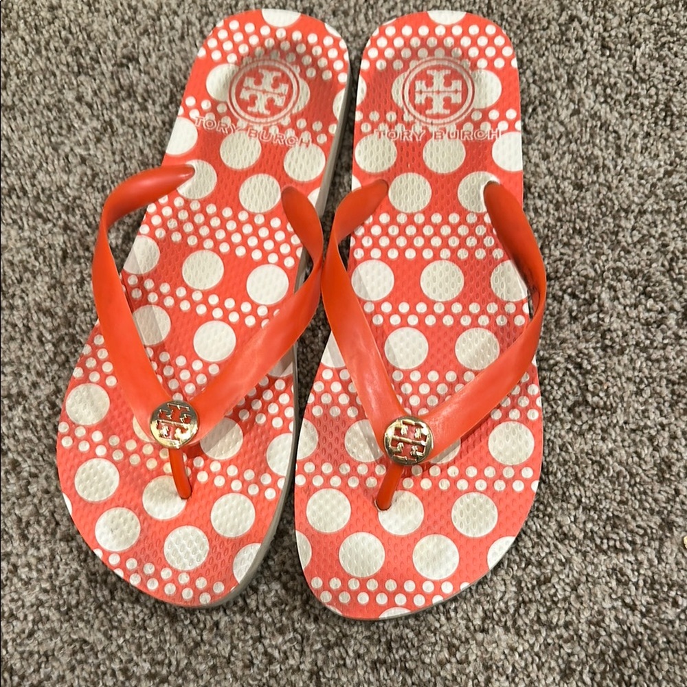 Tory Burch Orange Polka Dot Flip Flops